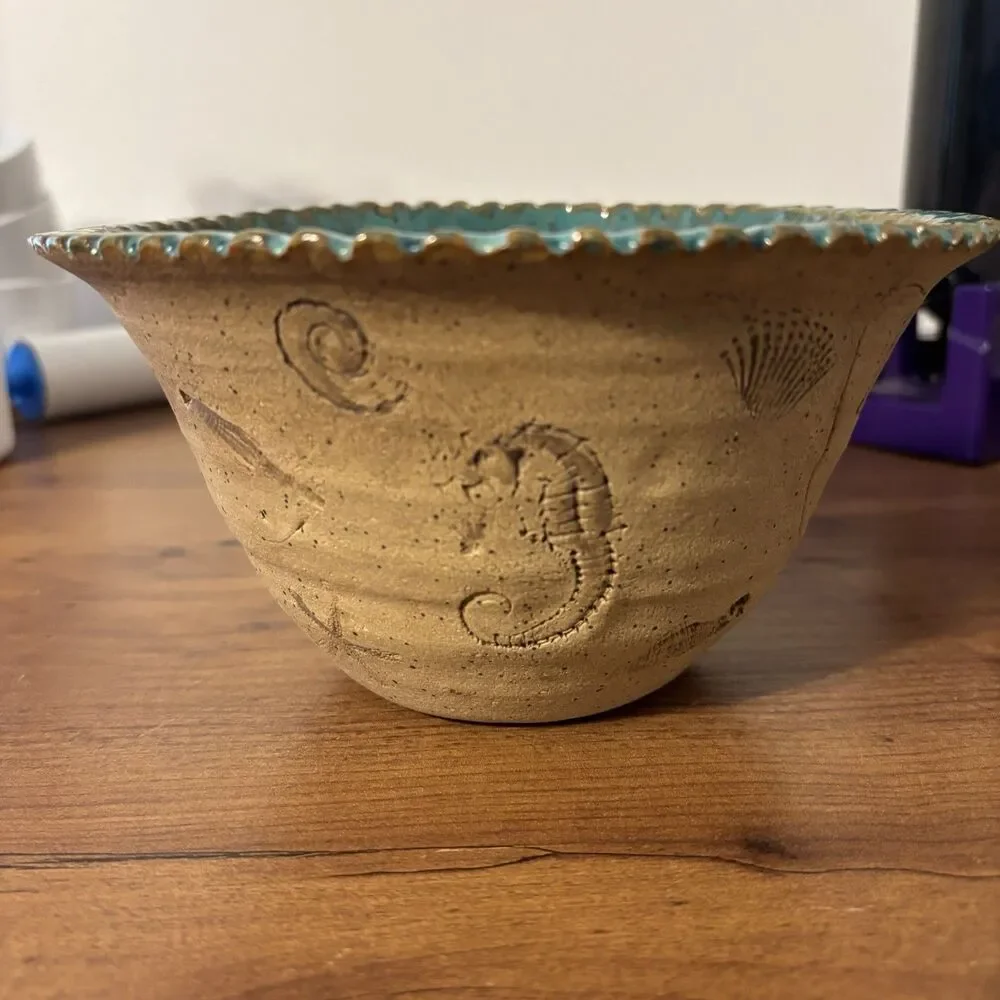Handmade Artisan Hand Stamped Pottery Nautical Coastal Sea Creature Bowl Teal